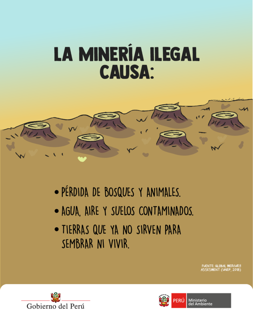 La minería ilegal causa?perdida de bosques y animales. agua, aire y suelos contaminados. tierras que ya no sirven para sembrar ni vivir.