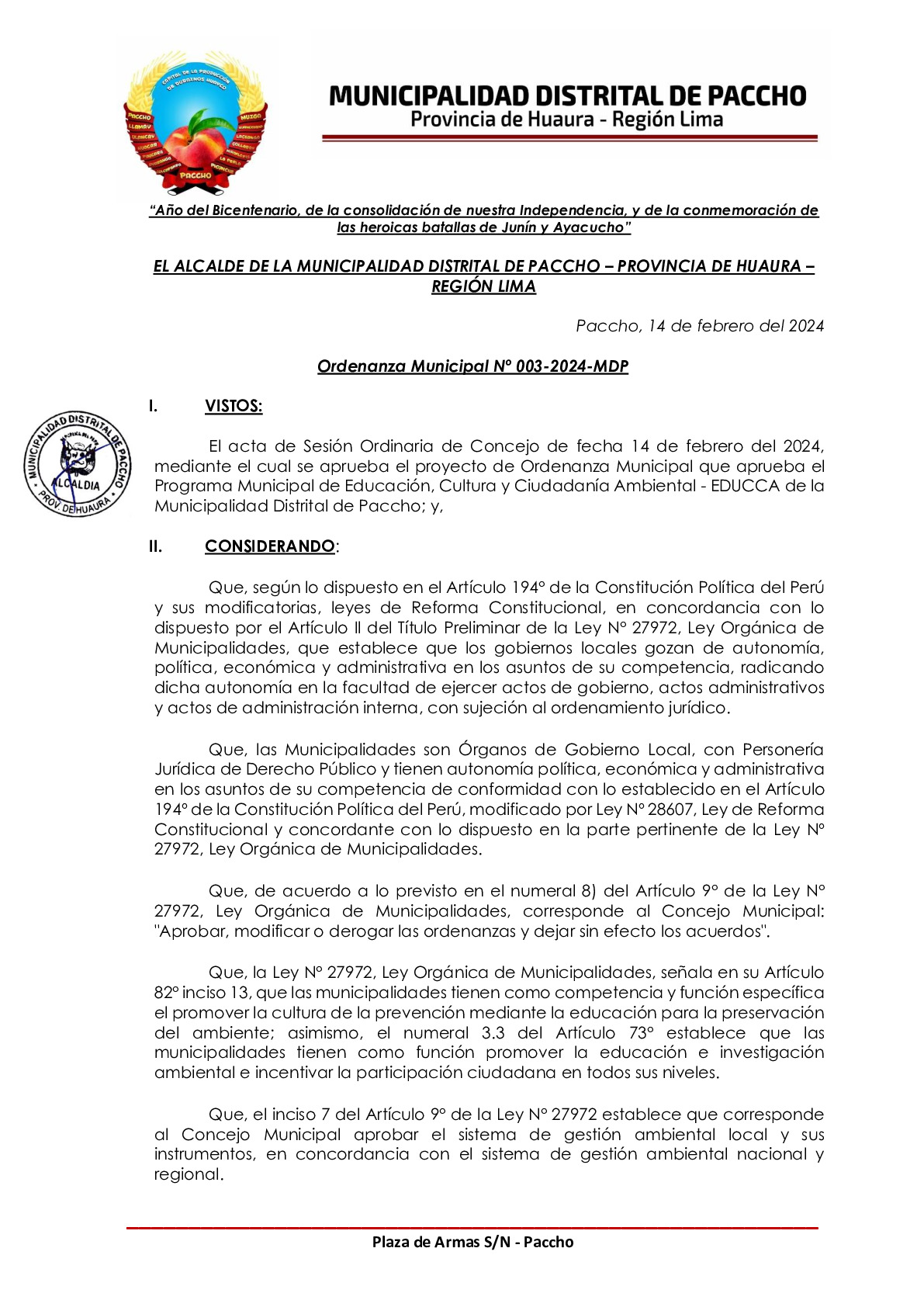 Programa Municipal de Educación, Cultura y Ciudadanía Ambiental de la ...